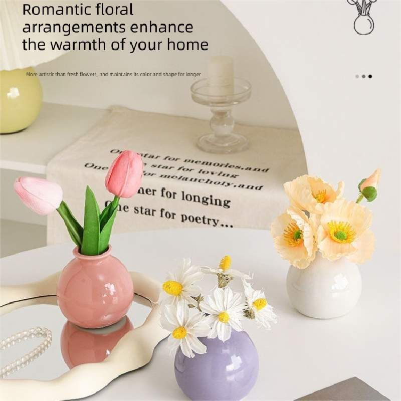 Ceramic Vase with Artificial Flowers Set – Mini Decorative Pot for Home Living Room or Desk Display(Blue bottle and white tulips)