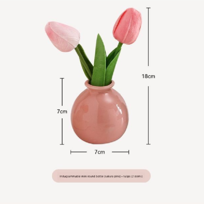 Ceramic Vase with Tulip Artificial Flowers Set – Mini Decorative Pot for Home Living Room or Desk Display
