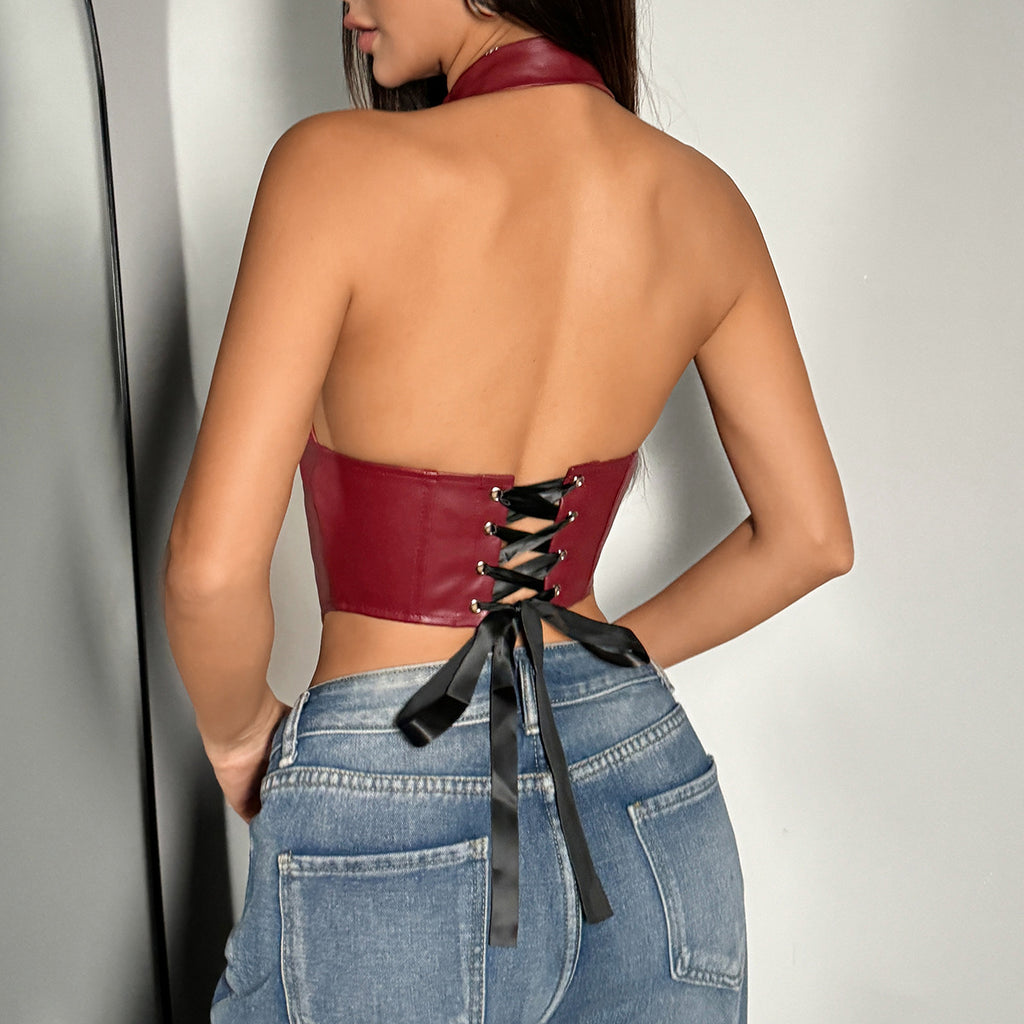 Womens Sexy PU Leather Halter Crop Top Deep V Neck Backless Faux Leather Vest Button Front Pointed Hem Clubwear Brown XS
