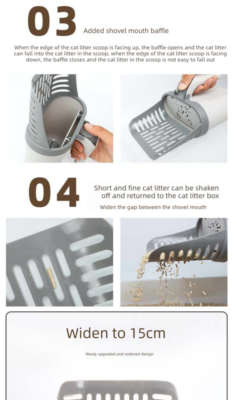 2-in-1 Cat Litter Scoop with Integrated Waste Bin Detachable Sifter Shovel Anti-Reflux Baffle Large Capacity Grey (Bags Not Included)