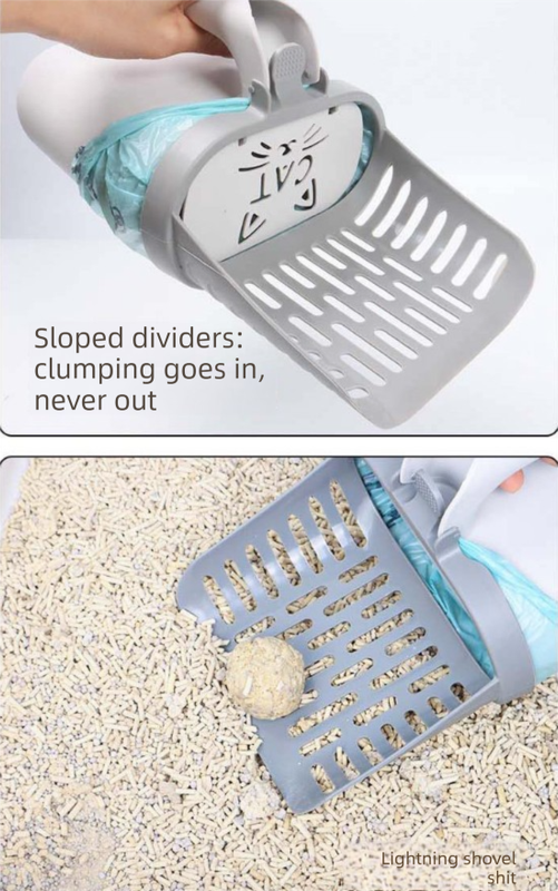 2-in-1 Cat Litter Scoop with Integrated Waste Bin Detachable Sifter Shovel Anti-Reflux Baffle Large Capacity Grey (Bags Not Included)