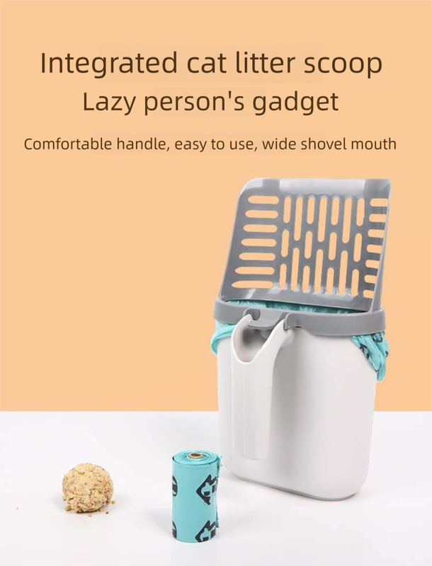 2-in-1 Cat Litter Scoop with Integrated Waste Bin & 8 Rolls Refill Bags Detachable Sifter Shovel Anti-Reflux Baffle Grey