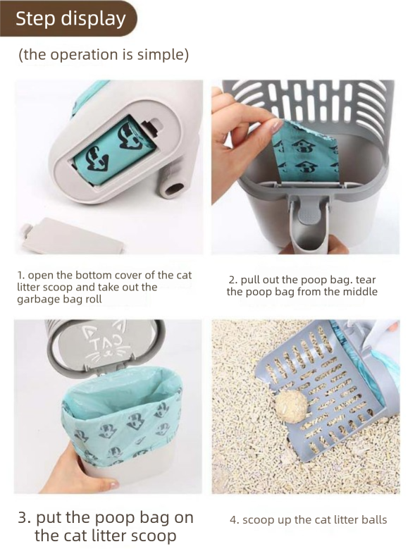 2-in-1 Cat Litter Scoop with Integrated Waste Bin & 8 Rolls Refill Bags Detachable Sifter Shovel Anti-Reflux Baffle Grey