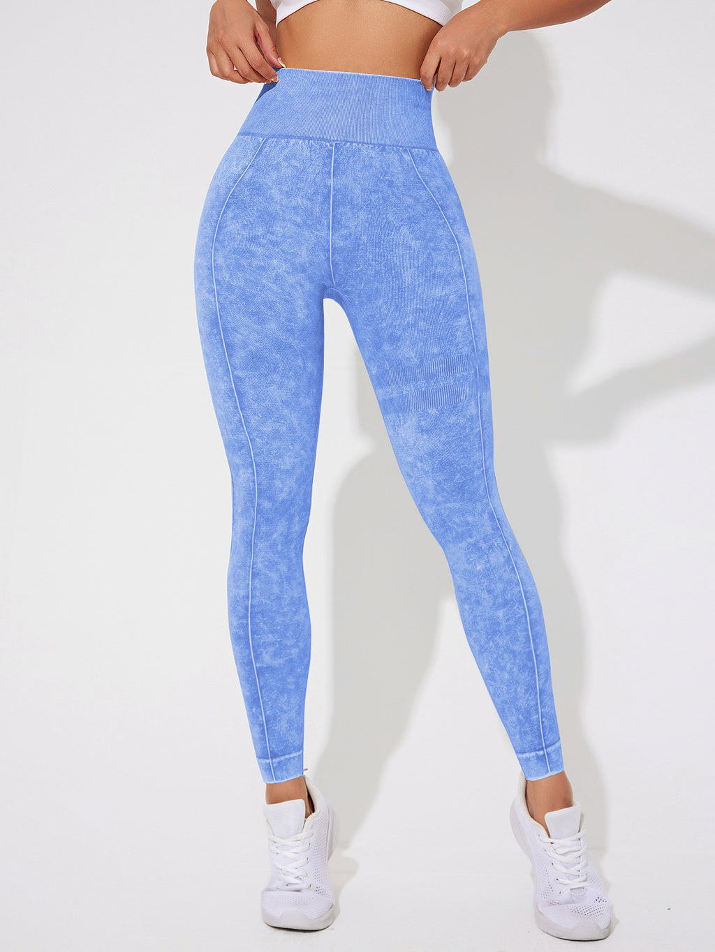 Seamless High Waisted Yoga Leggings 2 PCS Solid Black and Sand Washed Blue Size M Moisture Wicking Activewear