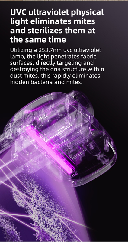 Purple Cordless Handheld UV Mite Remover - Bed Vacuum with 11KPA Powerful Suction & 8000 Times/Min High-Frequency Vibration for Carpet & Mattress, Type-C Rechargeable