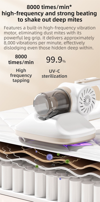 Purple Cordless Handheld UV Mite Remover - Bed Vacuum with 11KPA Powerful Suction & 8000 Times/Min High-Frequency Vibration for Carpet & Mattress, Type-C Rechargeable