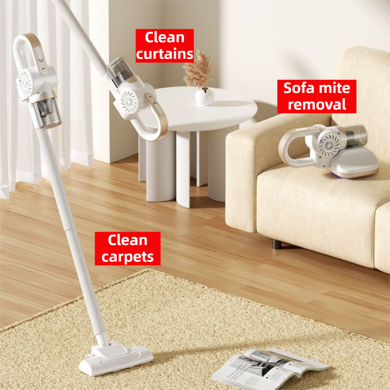 White Cordless Handheld UV Mite Remover - Bed Vacuum with 11KPA Powerful Suction & 8000 Times/Min High-Frequency Vibration for Carpet & Mattress, Type-C Rechargeable