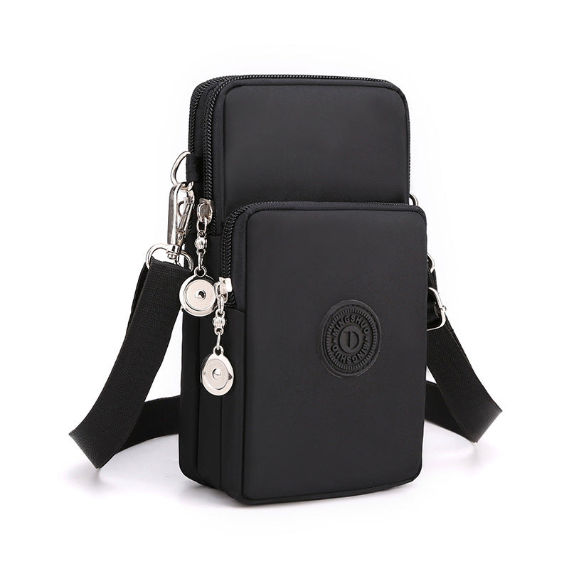 Black 3-Layer Waterproof Nylon Vertical Crossbody Phone Bag -  Lightweight Phone Purse with Headphone Jack & Adjustable Strap