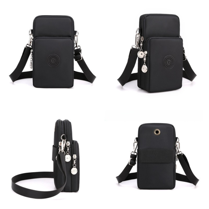 Black 3-Layer Waterproof Nylon Vertical Crossbody Phone Bag -  Lightweight Phone Purse with Headphone Jack & Adjustable Strap