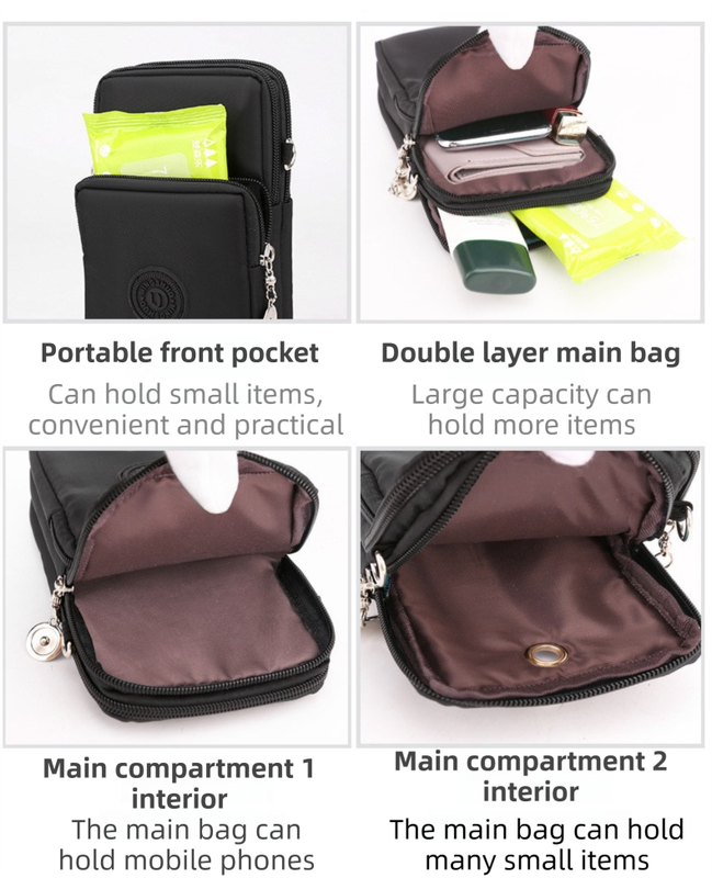 Black 3-Layer Waterproof Nylon Vertical Crossbody Phone Bag -  Lightweight Phone Purse with Headphone Jack & Adjustable Strap