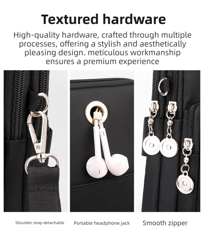 Black 3-Layer Waterproof Nylon Vertical Crossbody Phone Bag -  Lightweight Phone Purse with Headphone Jack & Adjustable Strap