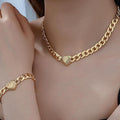 Style 2 Trendy Gold-Plated Heart Necklace & Bracelet Set - Tarnish Free Alloy Cuban Link Jewelry for Fashionable Women