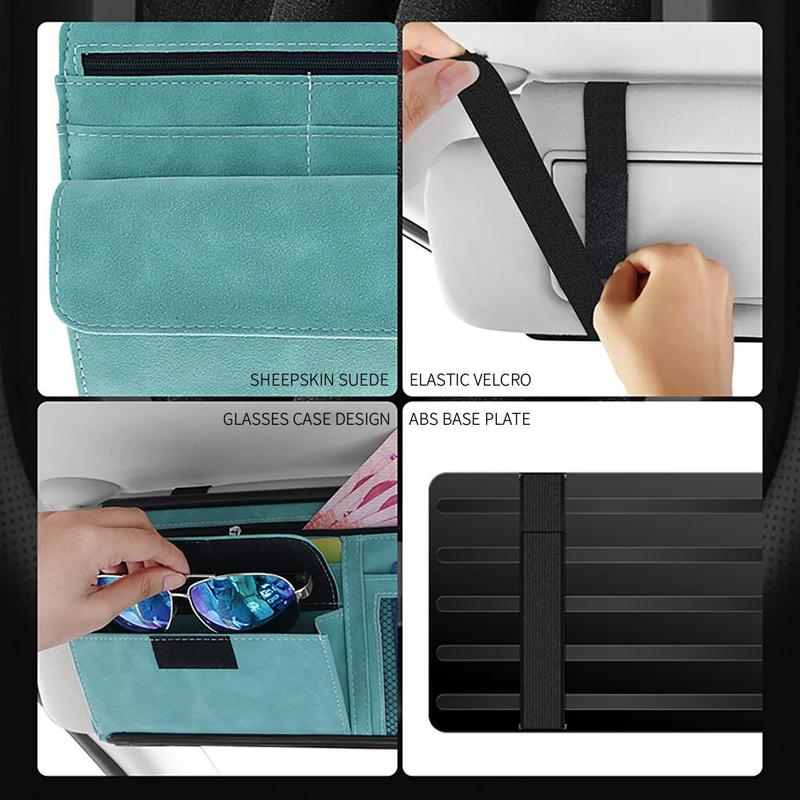 Black Faux Suede Car Sun Visor Organizer with Spring Strap - Multi-Functional Eyewear Case & Card Holder