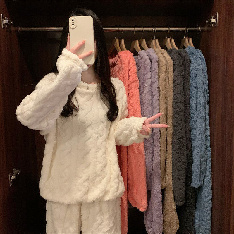 White Coral Fleece Jacquard Thermal Pajama Set — Autumn/Winter Fleece-Lined, Thickened, Casual Loungewear