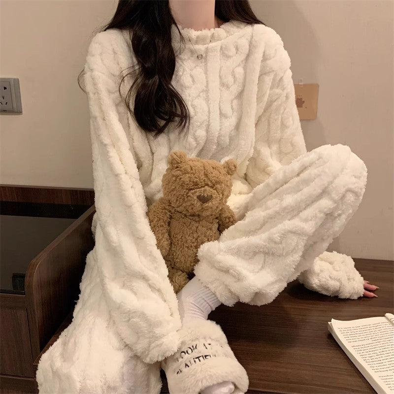 White Coral Fleece Jacquard Thermal Pajama Set — Autumn/Winter Fleece-Lined, Thickened, Casual Loungewear