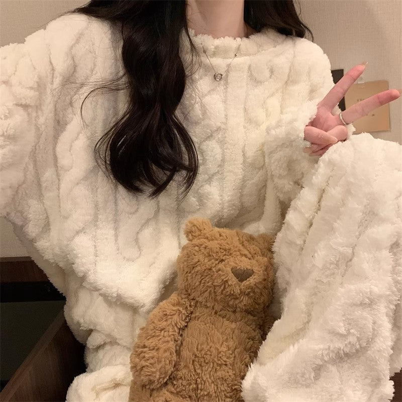 White Coral Fleece Jacquard Thermal Pajama Set — Autumn/Winter Fleece-Lined, Thickened, Casual Loungewear