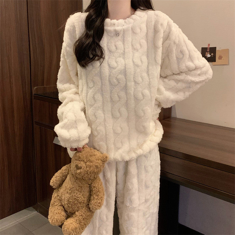 White Coral Fleece Jacquard Thermal Pajama Set — Autumn/Winter Fleece-Lined, Thickened, Casual Loungewear
