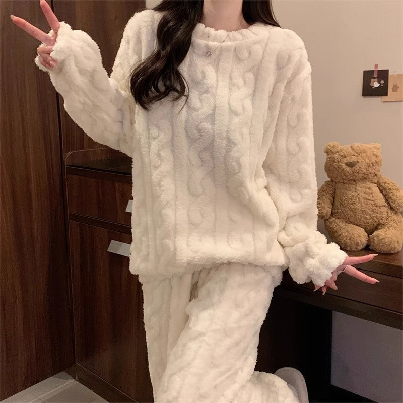 White Coral Fleece Jacquard Thermal Pajama Set — Autumn/Winter Fleece-Lined, Thickened, Casual Loungewear
