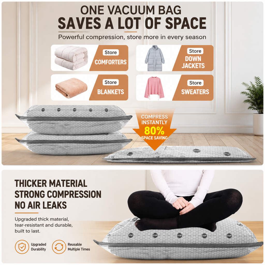 9-piece Travel Vacuum Storage Bags Set for Clothes and Bedding, Space Saving Compression Bags for Suitcases, Wardrobes and Seasonal Storage, Reusable PA+PE Vacuum Seal Bags