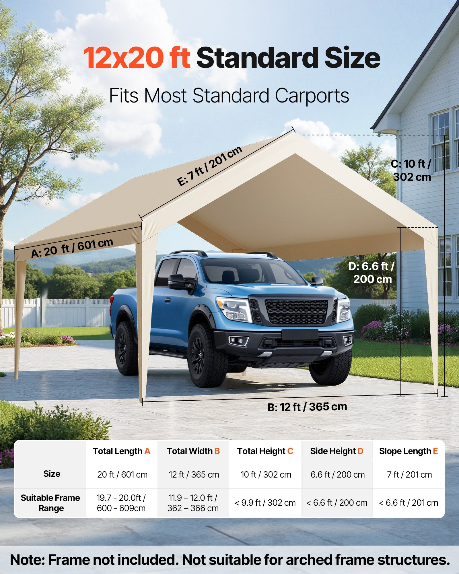 Carport Replacement Canopy, 6 x 3.6 m Potable Garage Tent Top Tarp, UV-Resistant & Waterproof Car Shelter Tarp, Heavy Duty Car Port Cover with Ball Buggees, Beige, Frame Not Included