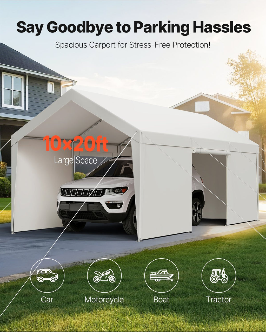 Carport Car Canopy 10x20FT Heavy Duty Car Shelter with Sidewalls White