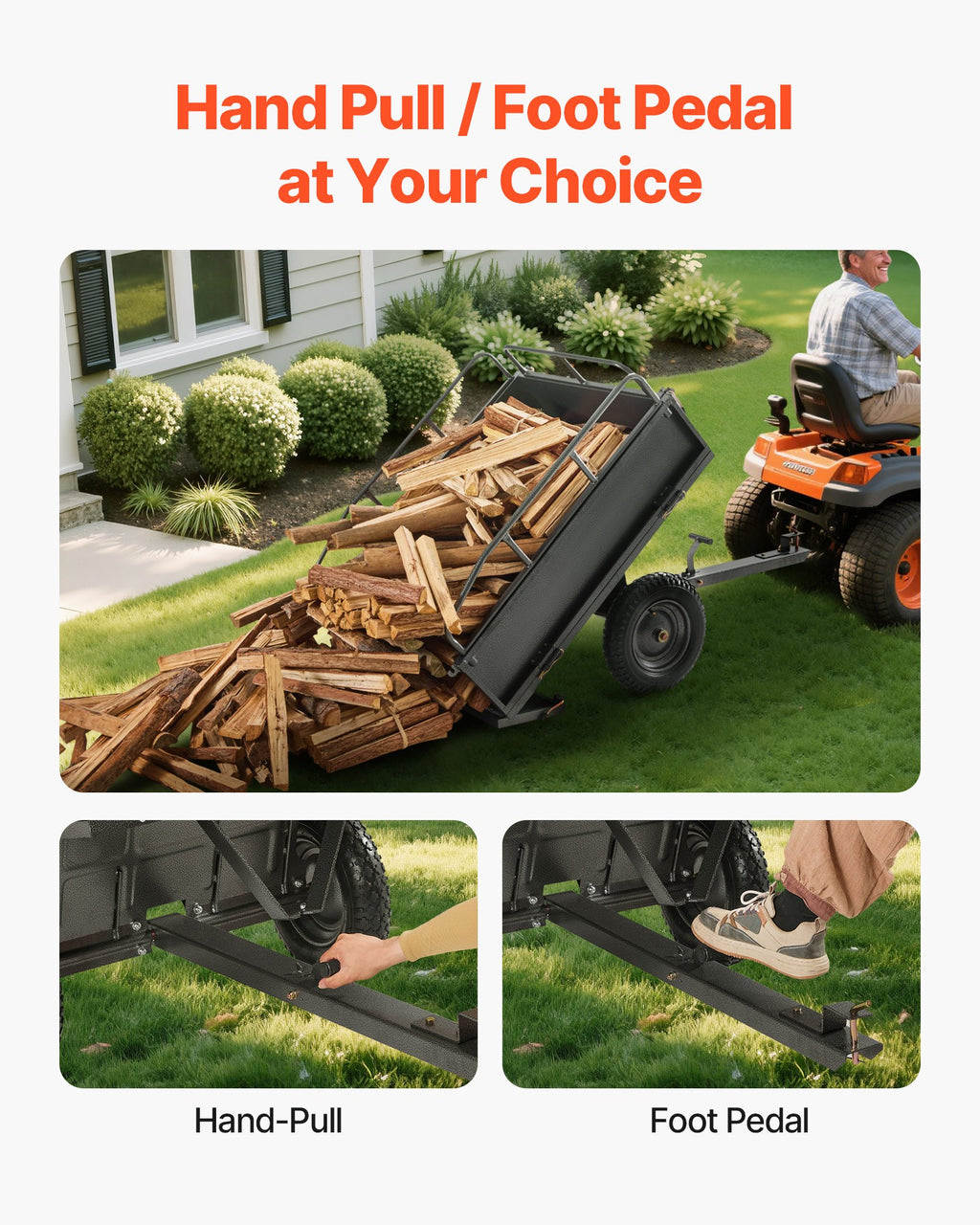 Garden Utility Trailer, 10 Cu. Ft & 227 kg Capacity, ATV UTV Hauling Trailer, Tow Behind Steel Dump Cart with 14" Tires, Hand Pull or Foot Pedal, Heavy Duty Yard Trailers for Lawn Mower Tractor