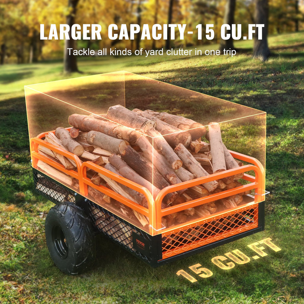Heavy Duty Steel ATV Dump Trailer, 1500-Pound Load Capacity 15 Cubic Feet, Tow Behind Dump Cart Garden Trailer, with Removable Sides and 2 Tires, for Mowers, Tractors, ATV, UTV