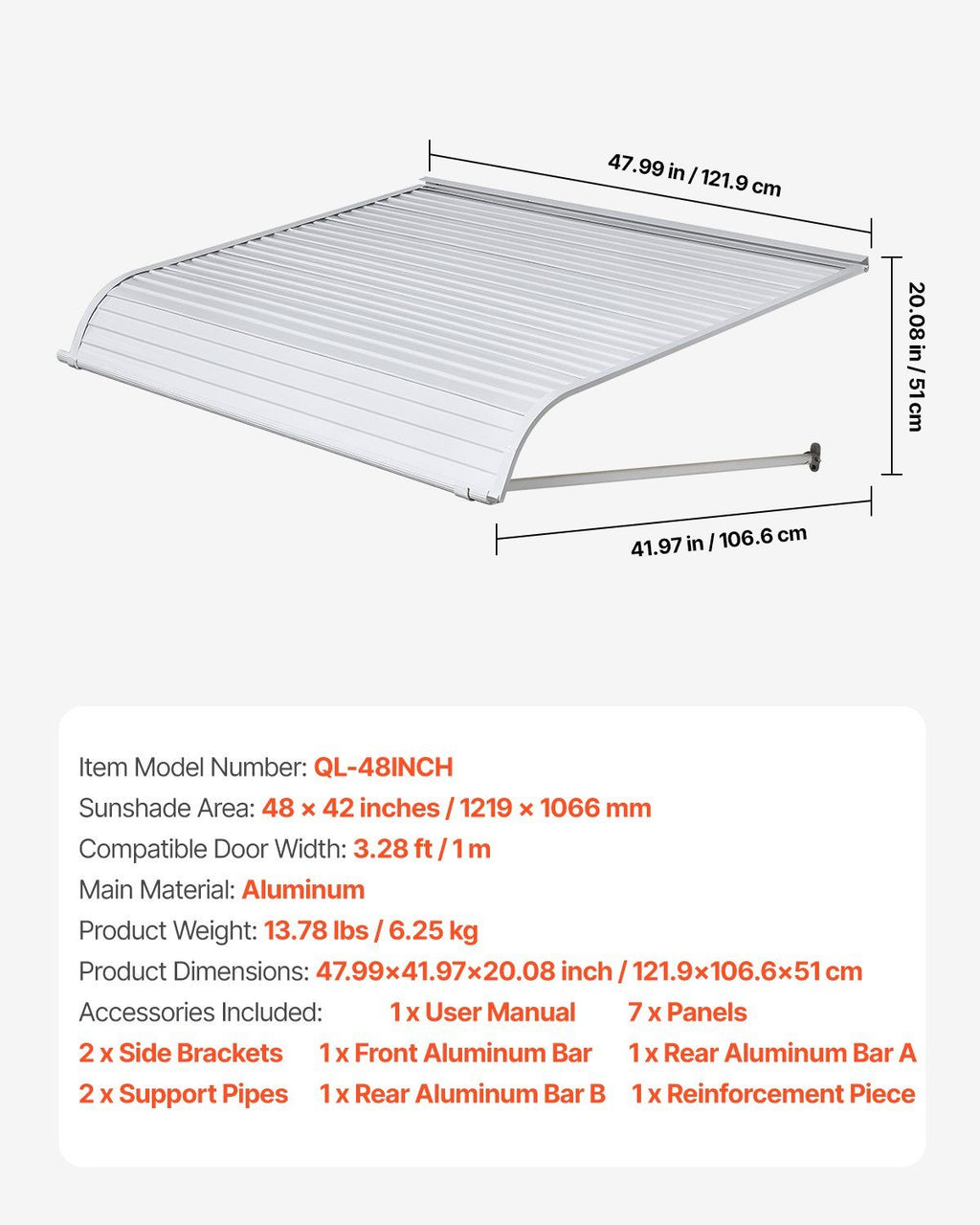 Aluminum Awning 1219 × 1066 mm, Durable Window Awning Door Canopy, Lightweight and Stable Aluminum Exterior Awnings Rain Snow Sunlight Protection for Door Entrance Windows Patio Porch