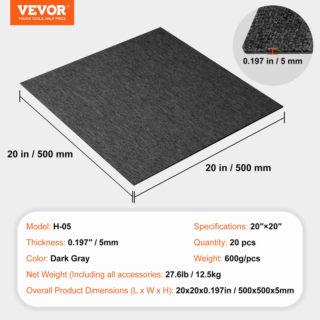 Carpet Tiles Reusable, 20"x 20" Carpet Squares With Padding Attached, Soft Padded Carpet Tiles, Easy Install DIY for Bedroom Living Room Indoor Outdoor (20 Tiles, Dark Gray)