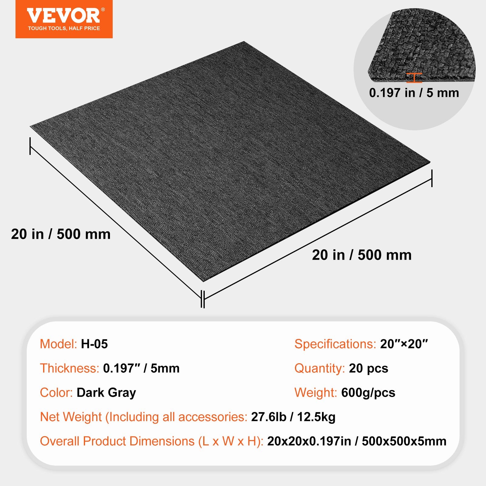 Carpet Tiles Reusable, 20"x 20" Carpet Squares With Padding Attached, Soft Padded Carpet Tiles, Easy Install DIY for Bedroom Living Room Indoor Outdoor (20 Tiles, Dark Gray)