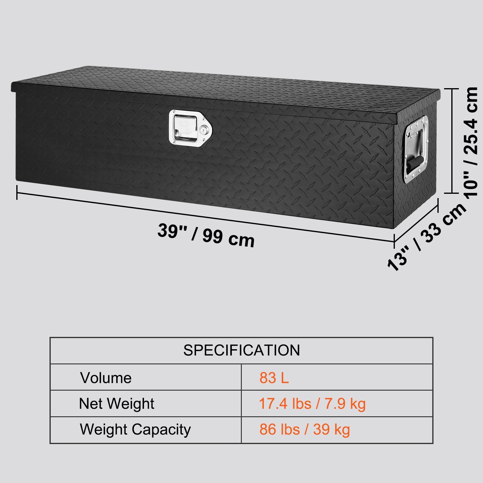 VEVOR Heavy Duty Aluminum Truck Bed Tool Box, Diamond Plate Tool Box with Side Handle and Lock Keys, Storage Tool Box Chest Box Organizer for Pickup, Truck Bed, RV, Trailer, 990 x 330 x 254 mm, Black