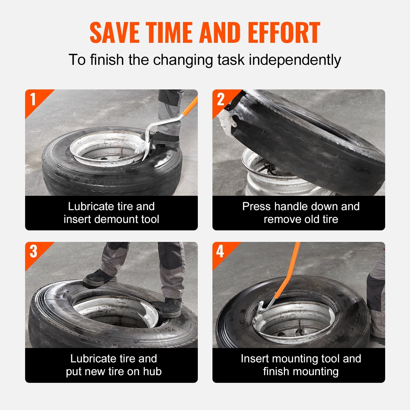 VEVOR Tire Mount Demount Tool, 571-622 mm Manual Steel Tire Changer Mount Demount Removal Tool, with Extra Bead Holder, Tubeless Truck Bead Breaker, 3 PCS Tire Changing Tools, Orange