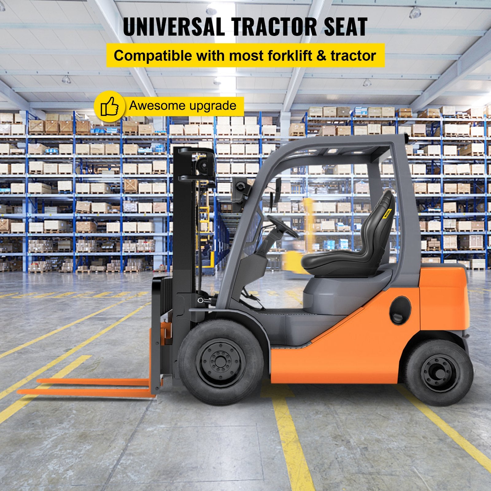 Universal Lawn Tractor Seat Replacement, Compact High Back Mower Seat, Black Vinyl Forklift Seat, Central Drain Hole Skid Steer Seat with Mounting Bolt Patterns of 8" x 11.5" & 11.25" x 11.5"