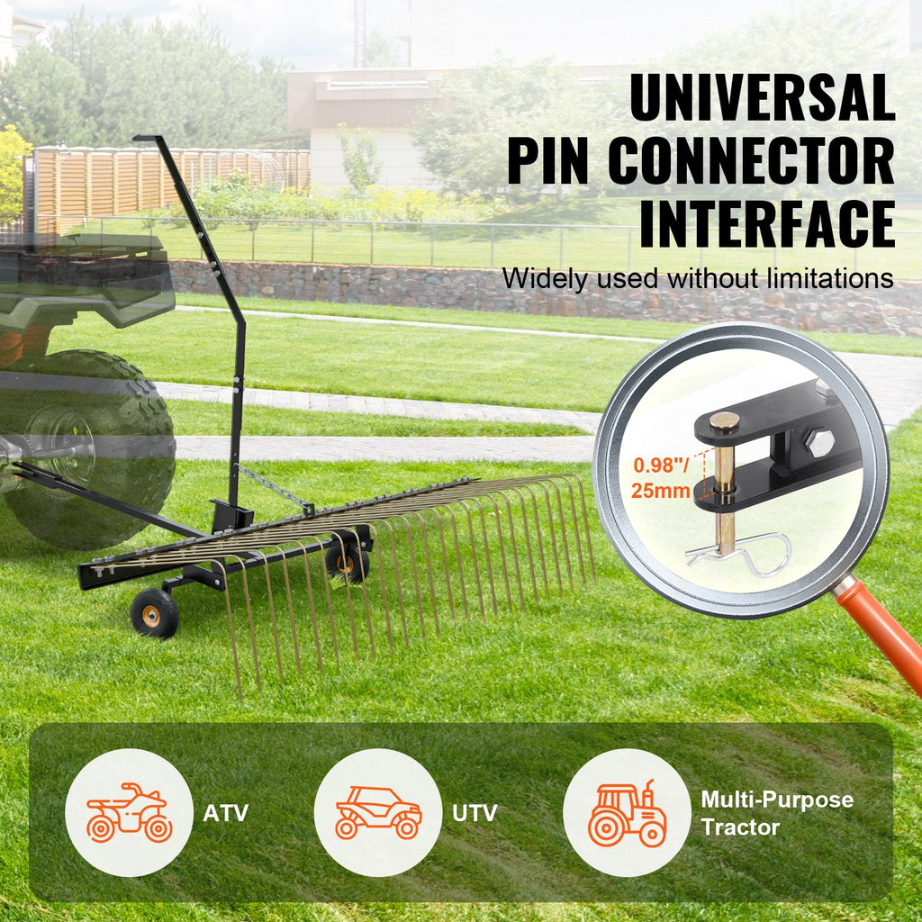 Tow Behind Dethatcher, 1.5m Tow Dethatcher with 24 Steel Tines, Lawn Dethatcher Rake for ATV or Mower, Tow Behind Lawn Rake with Lift Handle for Leaves, Pine Needles, and Grass