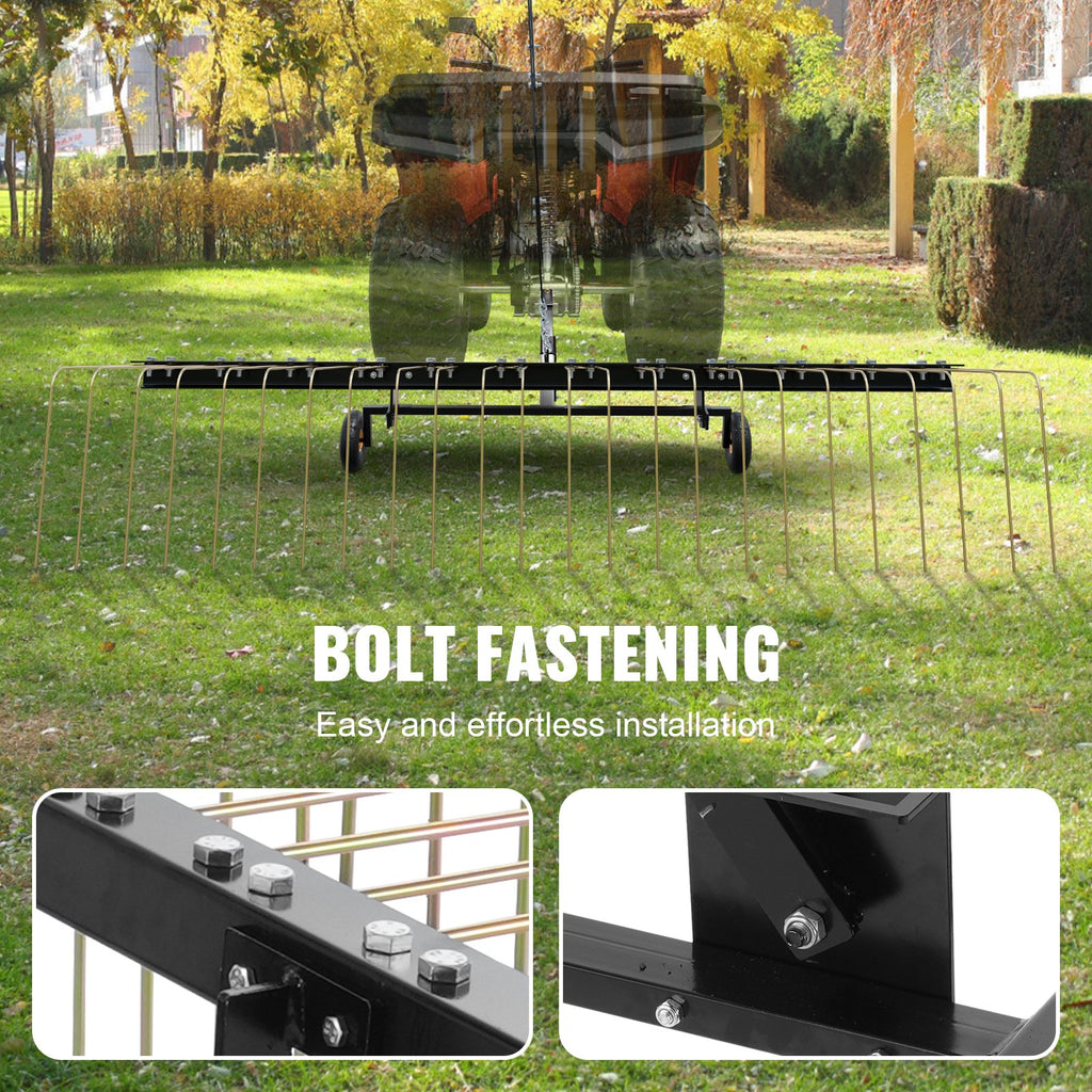 Tow Behind Dethatcher, 1.5m Tow Dethatcher with 24 Steel Tines, Lawn Dethatcher Rake for ATV or Mower, Tow Behind Lawn Rake with Lift Handle for Leaves, Pine Needles, and Grass