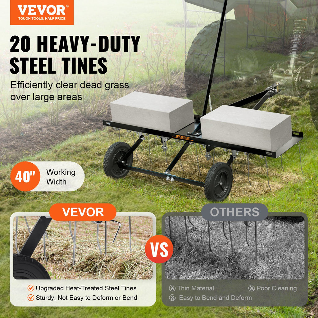 Tow Behind Dethatcher, 1015mm Tow Dethatcher with 20 Spring Steel Tines, Lawn Dethatcher Rake for ATV or Mower, Tow Behind Lawn Rake with Lift Handle for Garden Farm Grass