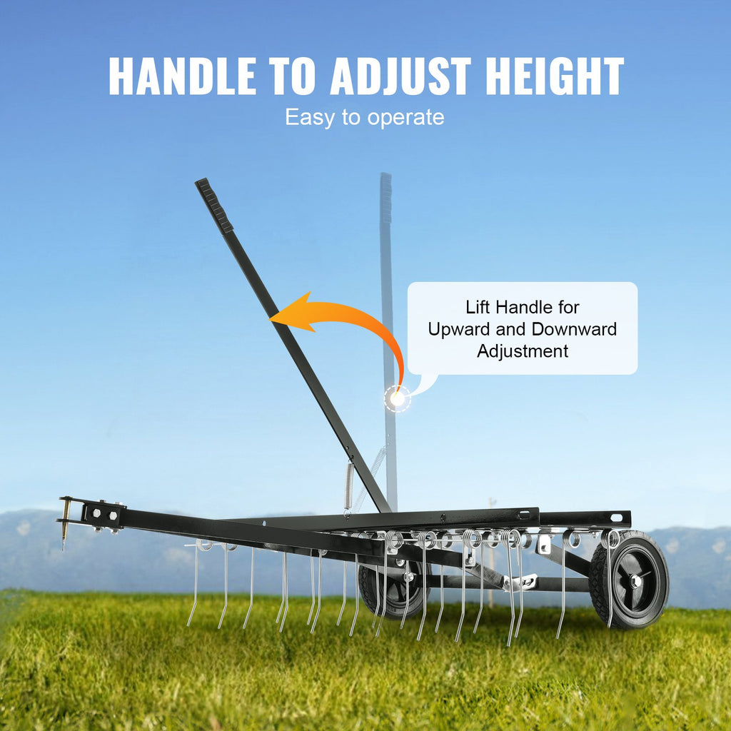 Tow Behind Dethatcher, 1015mm Tow Dethatcher with 20 Spring Steel Tines, Lawn Dethatcher Rake for ATV or Mower, Tow Behind Lawn Rake with Lift Handle for Garden Farm Grass