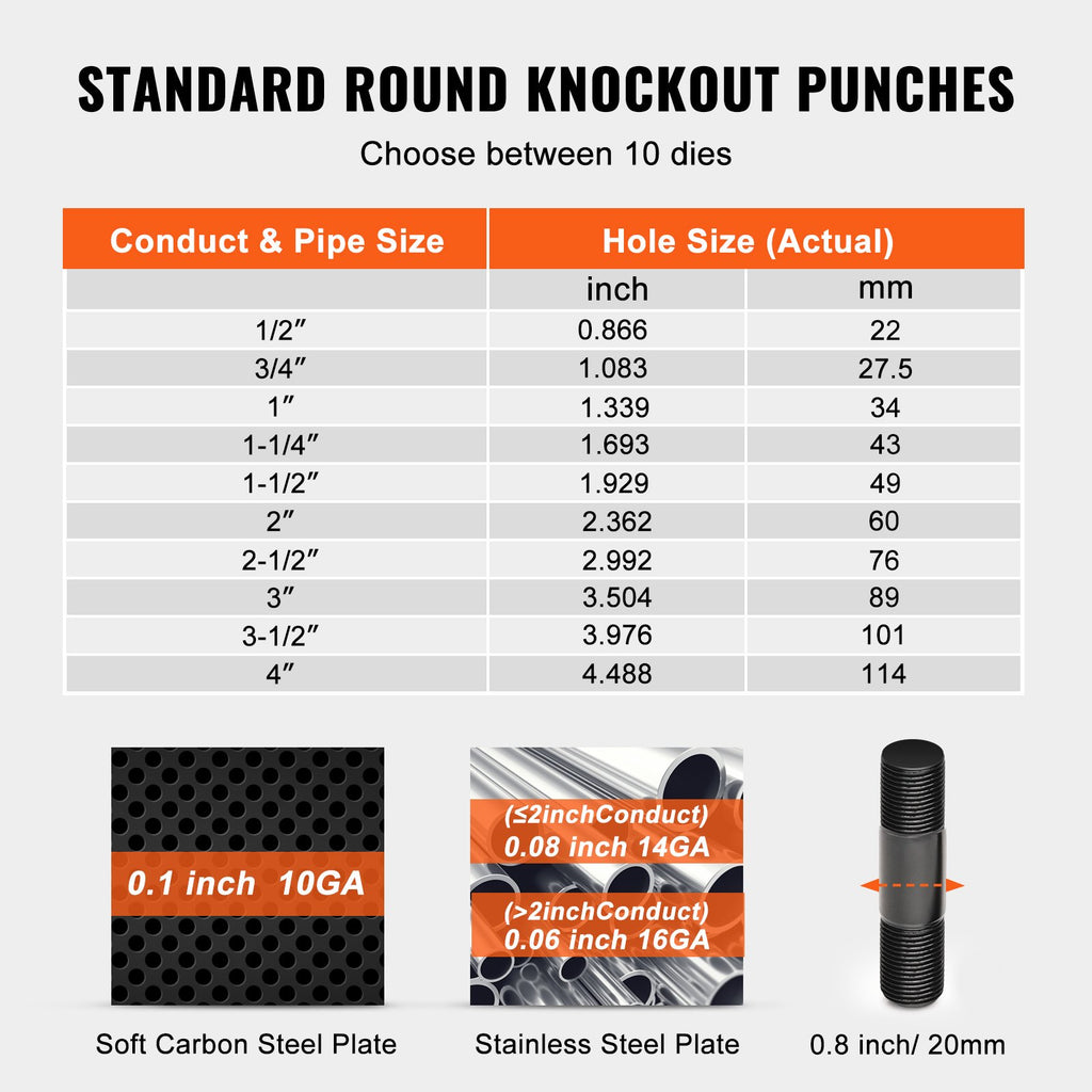 VEVOR 15 Ton Hydraulic Knockout Punch Kit, 1/2" to 4" Conduit Hole Cutter Set, KO Tool Kits with Puncher 10 Piece, Metal Sheet Driver Tools, For Aluminum, Brass, Stainless Steel, Fiberglass and Plasti