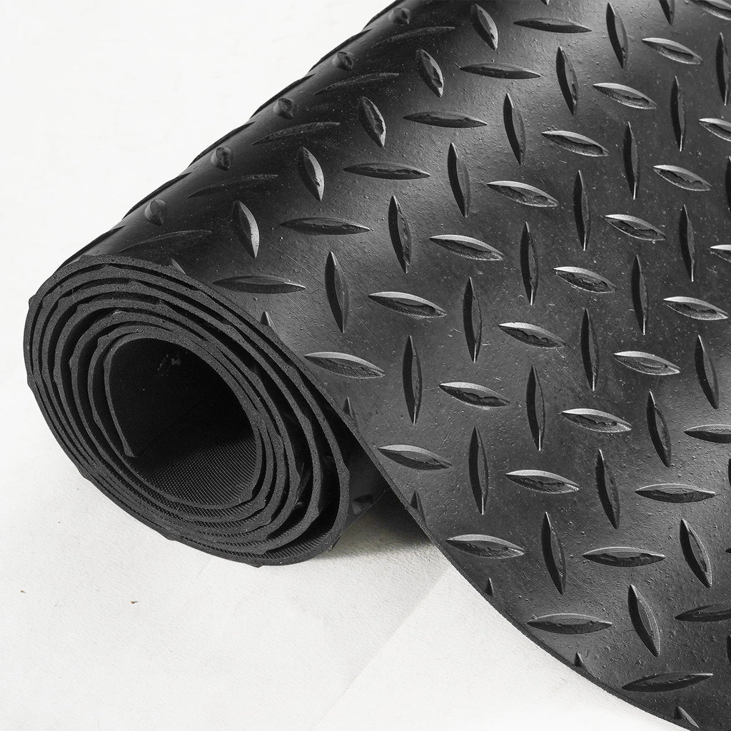Diamond-Plate Rubber Flooring Roll, 3 mm x 4 ft x 15 ft Garage Floor Mat, SBR Rubber Garage Flooring Roll, Easy to Clean, Diamond Plate Rubber Mat for Under Cars, Garage Industry Gym, Black