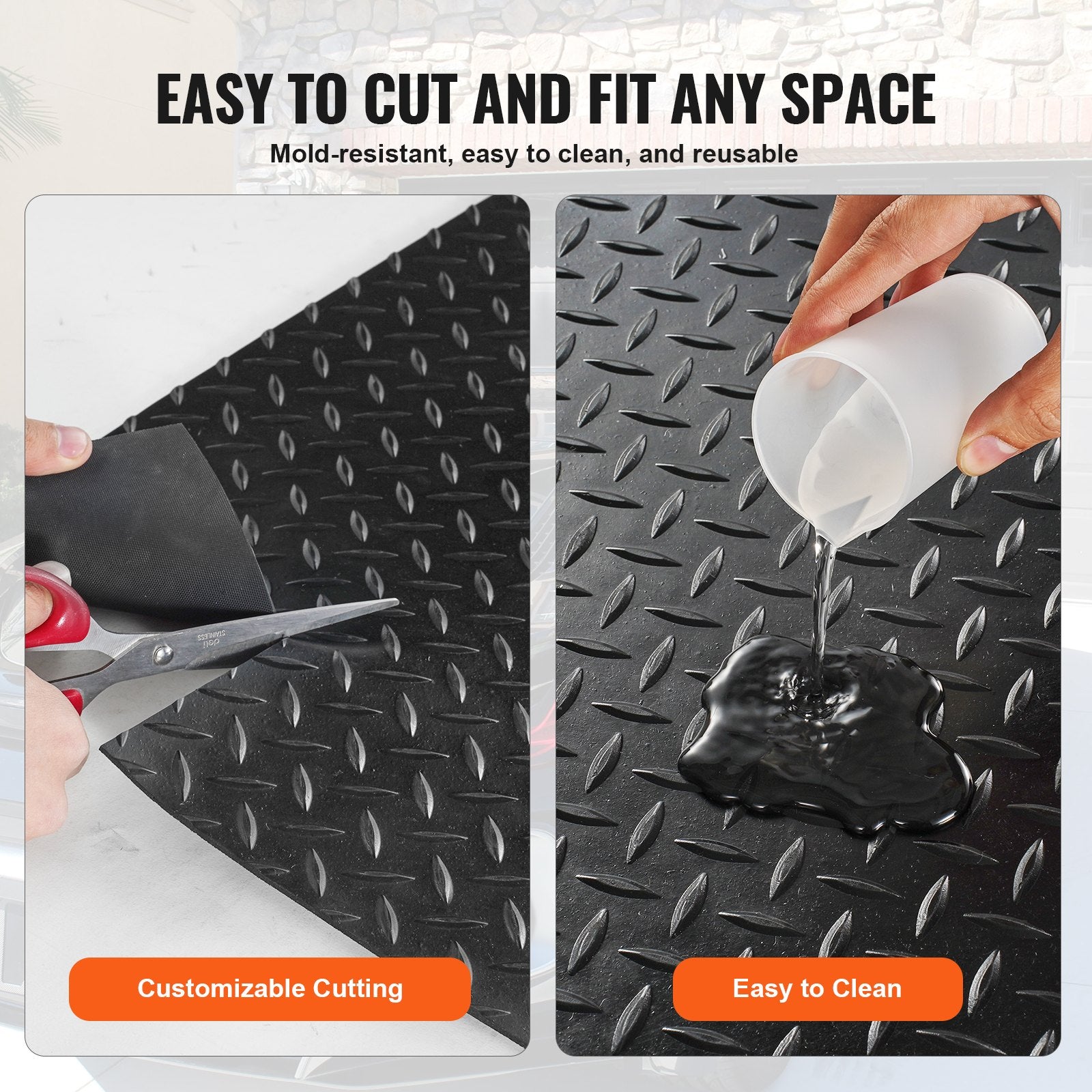Diamond-Plate Rubber Flooring Roll, 3 mm x 4 ft x 8 ft Garage Floor Mat, SBR Rubber Garage Flooring Roll, Easy to Clean, Diamond Plate Rubber Mat for Under Cars, Garage Industry Gym, Black