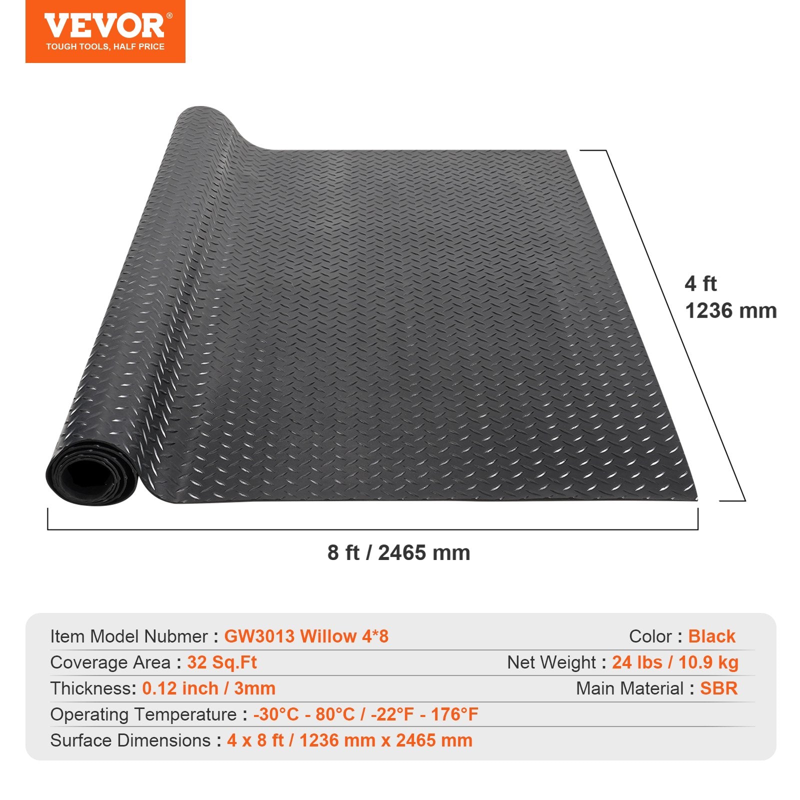 Diamond-Plate Rubber Flooring Roll, 3 mm x 4 ft x 8 ft Garage Floor Mat, SBR Rubber Garage Flooring Roll, Easy to Clean, Diamond Plate Rubber Mat for Under Cars, Garage Industry Gym, Black