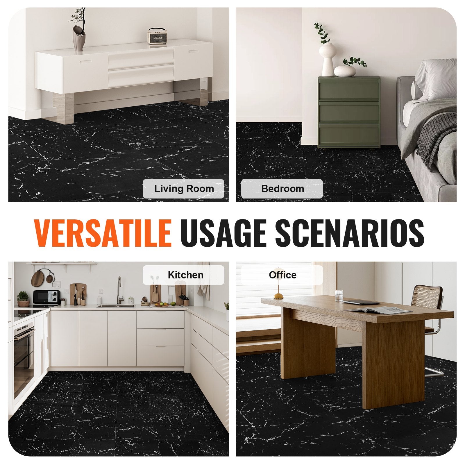 Self Adhesive Vinyl Floor Tiles 12 x 12 inch, 50 Tiles 1.5mm Thick Peel & Stick, Black Marble Texture DIY Flooring for Kitchen, Dining Room, Bedrooms & Bathrooms, Easy for Home Decor