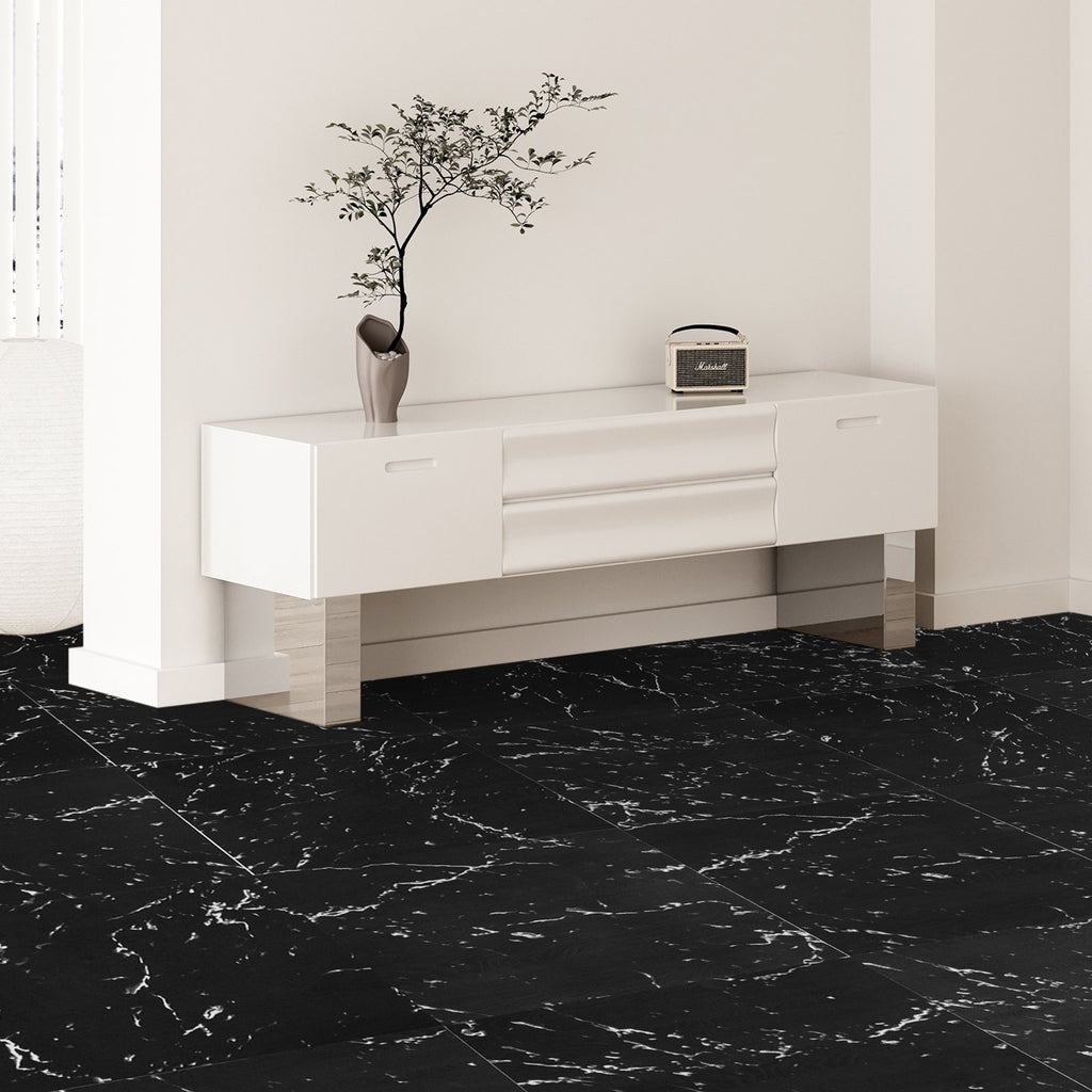 Self Adhesive Vinyl Floor Tiles 12 x 12 inch, 50 Tiles 1.5mm Thick Peel & Stick, Black Marble Texture DIY Flooring for Kitchen, Dining Room, Bedrooms & Bathrooms, Easy for Home Decor