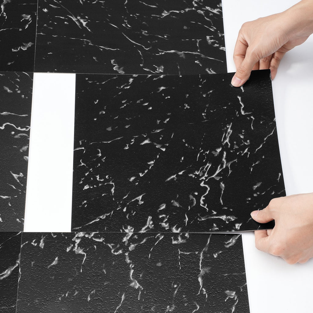 Self Adhesive Vinyl Floor Tiles 12 x 12 inch, 50 Tiles 1.5mm Thick Peel & Stick, Black Marble Texture DIY Flooring for Kitchen, Dining Room, Bedrooms & Bathrooms, Easy for Home Decor